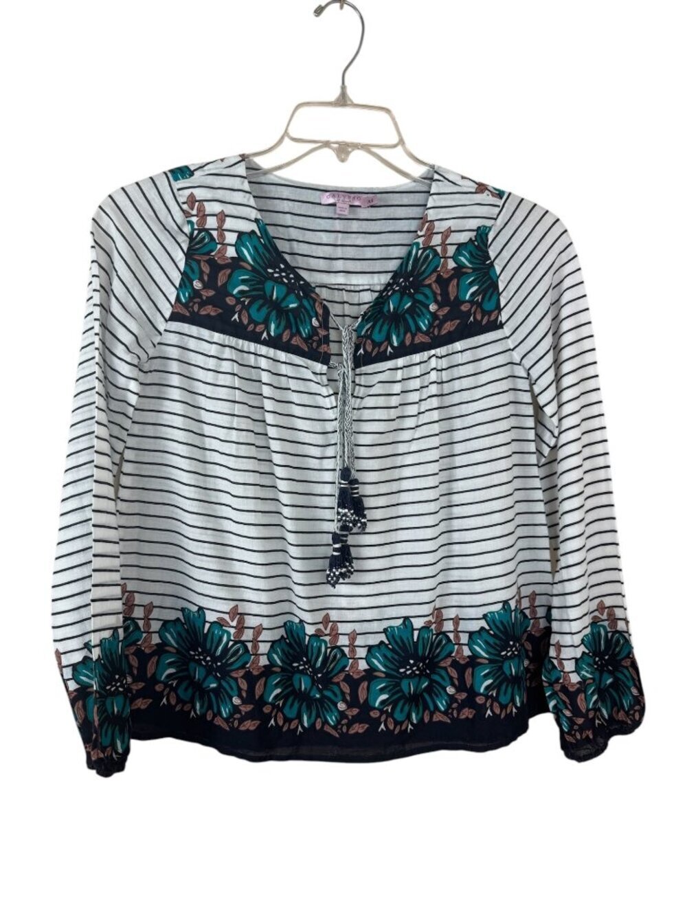 Calypso St. Barth 100% Cotton Pop Over Blouse Size XS Striped Floral Resortwear